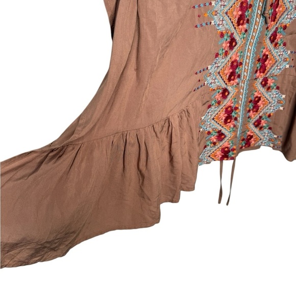 Tan Embroidered Lace Up Ruffle Bottom Boxy Batwing Top Cover Up Size S Boutique - Picture 5 of 15